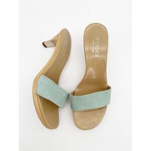 Gucci Vintage Teal GG Monogram Canvas Wooden Heel Slide Mule Sandals EU 36.5